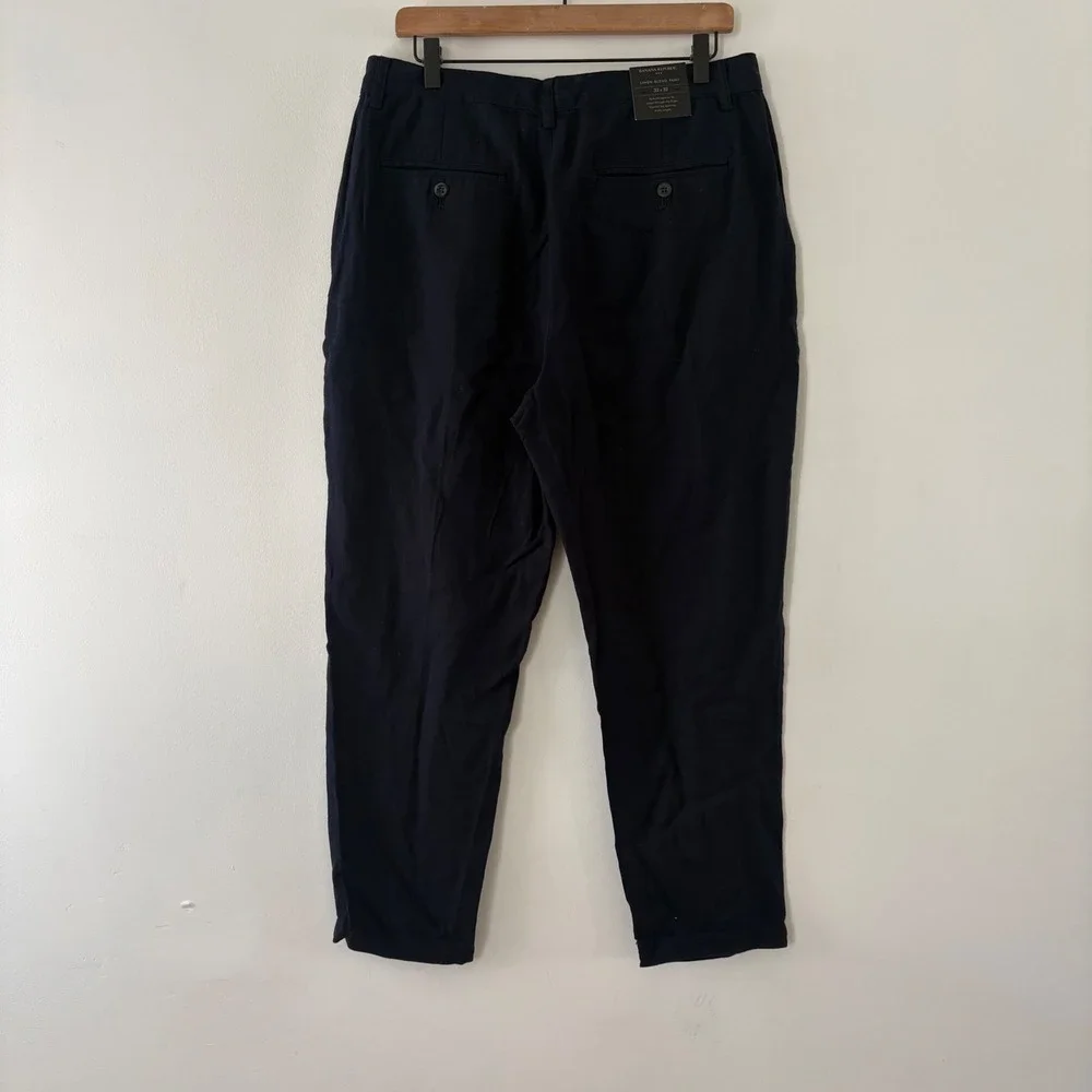Banana Republic Men Navy Linen Blend Relaxed Tapered Fit Pants Ankle 33x32 NEW